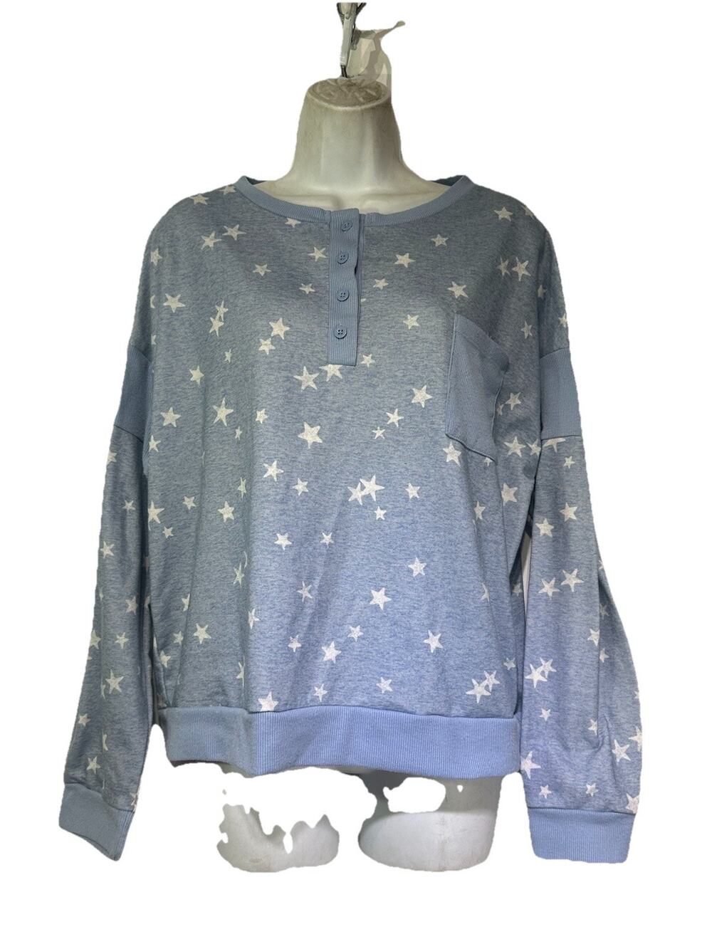 Splendid Womens Size L Henley Long Sleeve Pajama Top Lounge Blue Stars Pocket